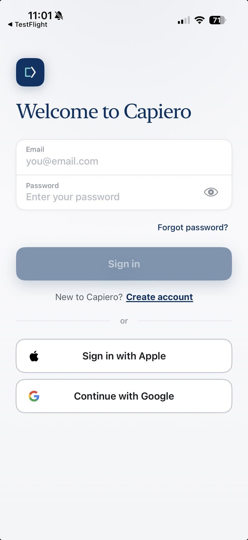 The Capiero iPhone sign-in screen with Sign in with Apple and Continue with Google buttons