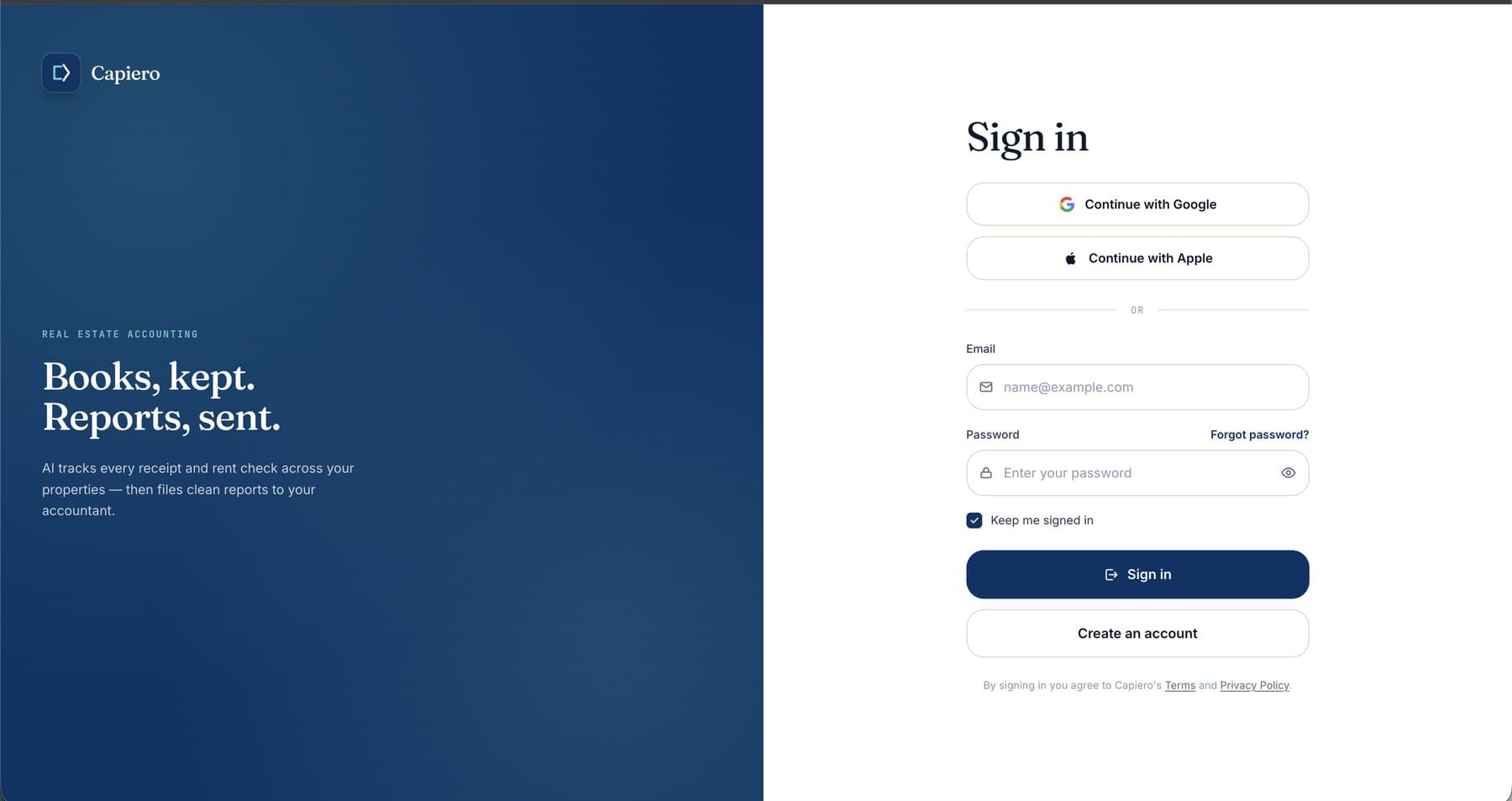 The Capiero web sign-in screen with Continue with Google and Continue with Apple buttons